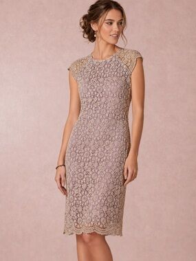 MIGNON DOO Anthropologie Lace Overlay Sheath Dress | Light Purple & Gold, Size 6